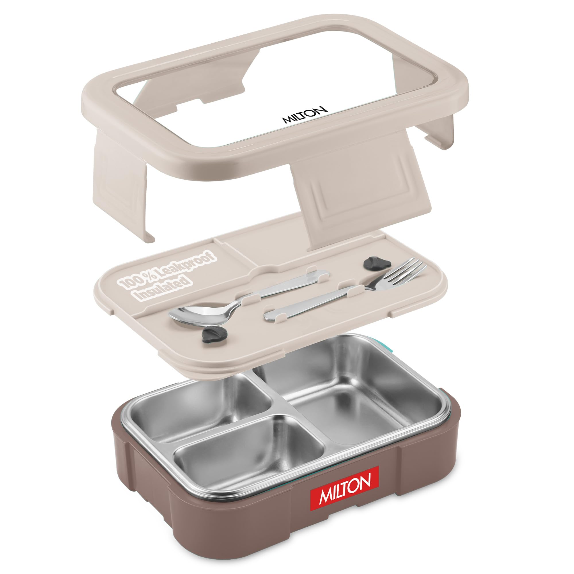 MILTON Ethan 3 Inner Stainless Steel Tiffin Box for School, 3 Partition, Steam Release Plug | PU Insulated, Leak-Proof, Food Grade I Lunch Box for Kids Boys, Girls with Snap Lock Lid, 600 ml, Taupe