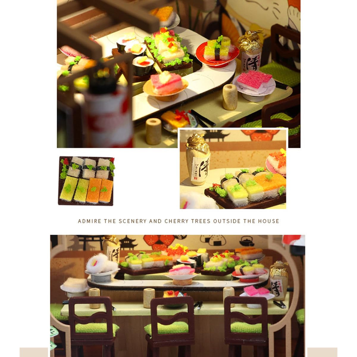 Miniaturowy zestaw do domu dla dorosłych, japoński sklep z sushi, domek dla lalek, zestaw do montażu, drewno, miniaturka 3D, mały dom, prezent 2025-240 elementów