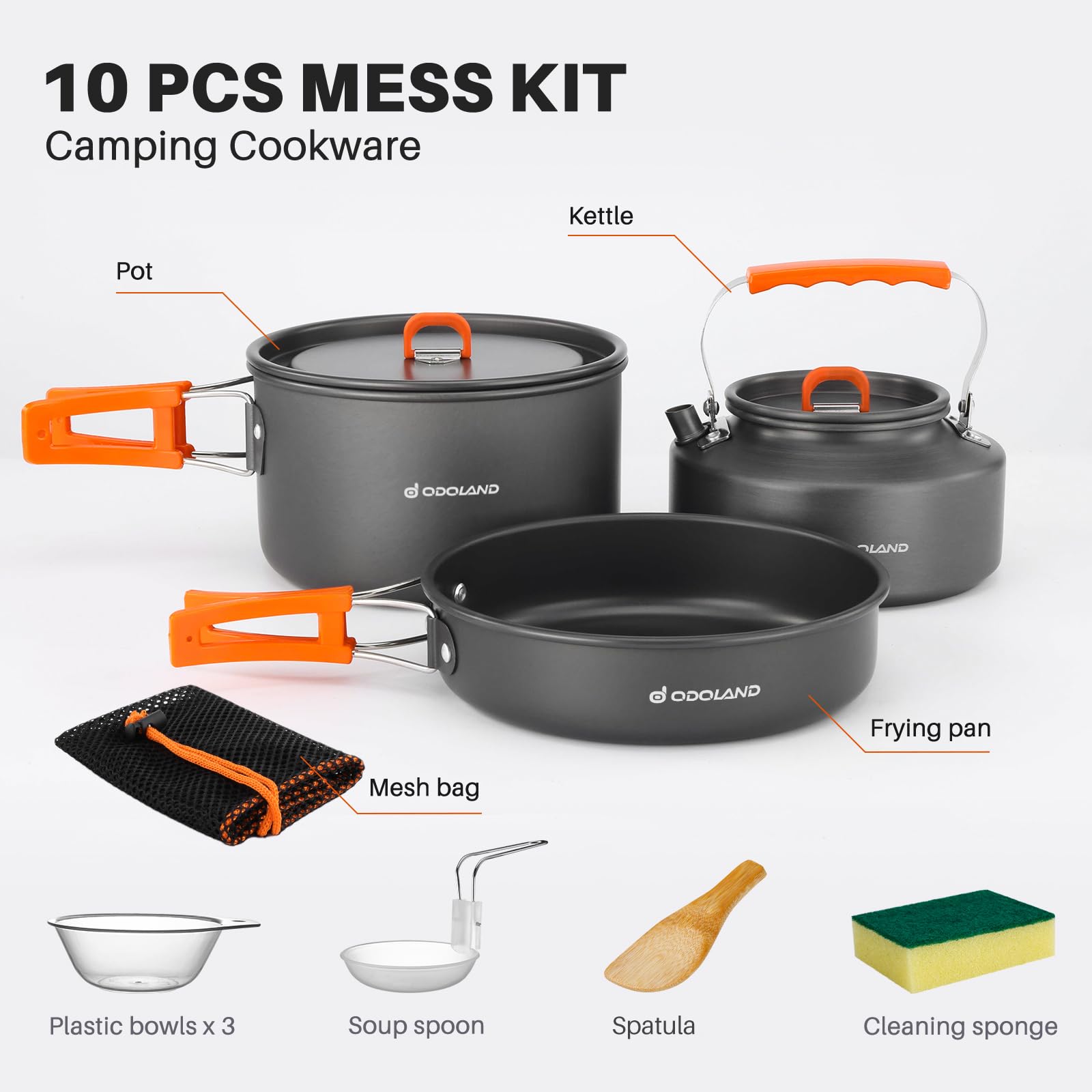 Odoland Camping Kochgeschirr Set, 10 Teilige Outdoor Geschirr Set mit Camping Topf, Camping Bratpfanne und Teekannen für Camping Outdoor Kochen Wandern Reisen