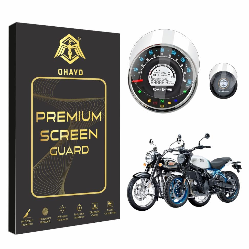 Image of OHAYO 9H Hard Screen Protector for Royal Enfield Meteor 350, Scram 411, Hunter 350 Instrument Cluster | Military Strength Scratch Resistant Display Guard | Anti Fingerprint HD Clarity | Not Tempered Glass | Pack of 1
