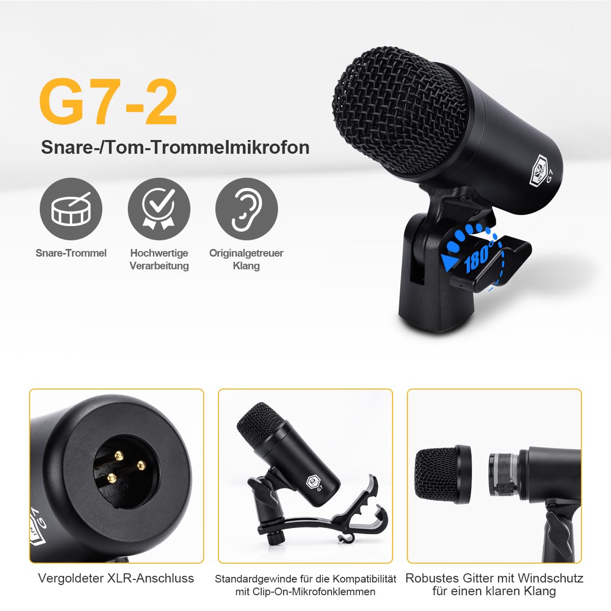 W IN-MIX G7 7-teiliges kabelgebundenes dynamisches Schlagzeug-Mikrofon-Set (Ganzmetall) - Kick-Bass, Tom/Snare und Becken-Mikrofon für Schlagzeug, Gesang, andere Instrumente komplett mit Gewindeclip