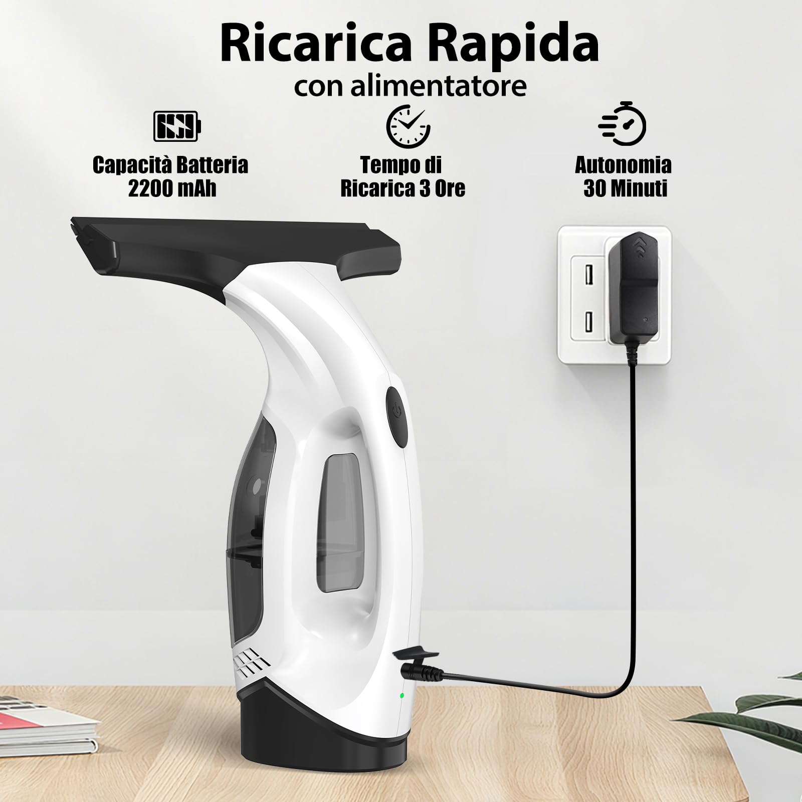 Nettoyeur Vitre, Kit Nettoyeurs de Vitres Sans Fil avec Autonomie de 30 min, Lave Vitre Electrique avec Raclettes de 28cm & Réservoir de 150ml, Adapté aux Vitres, Carrelages & Miroirs
