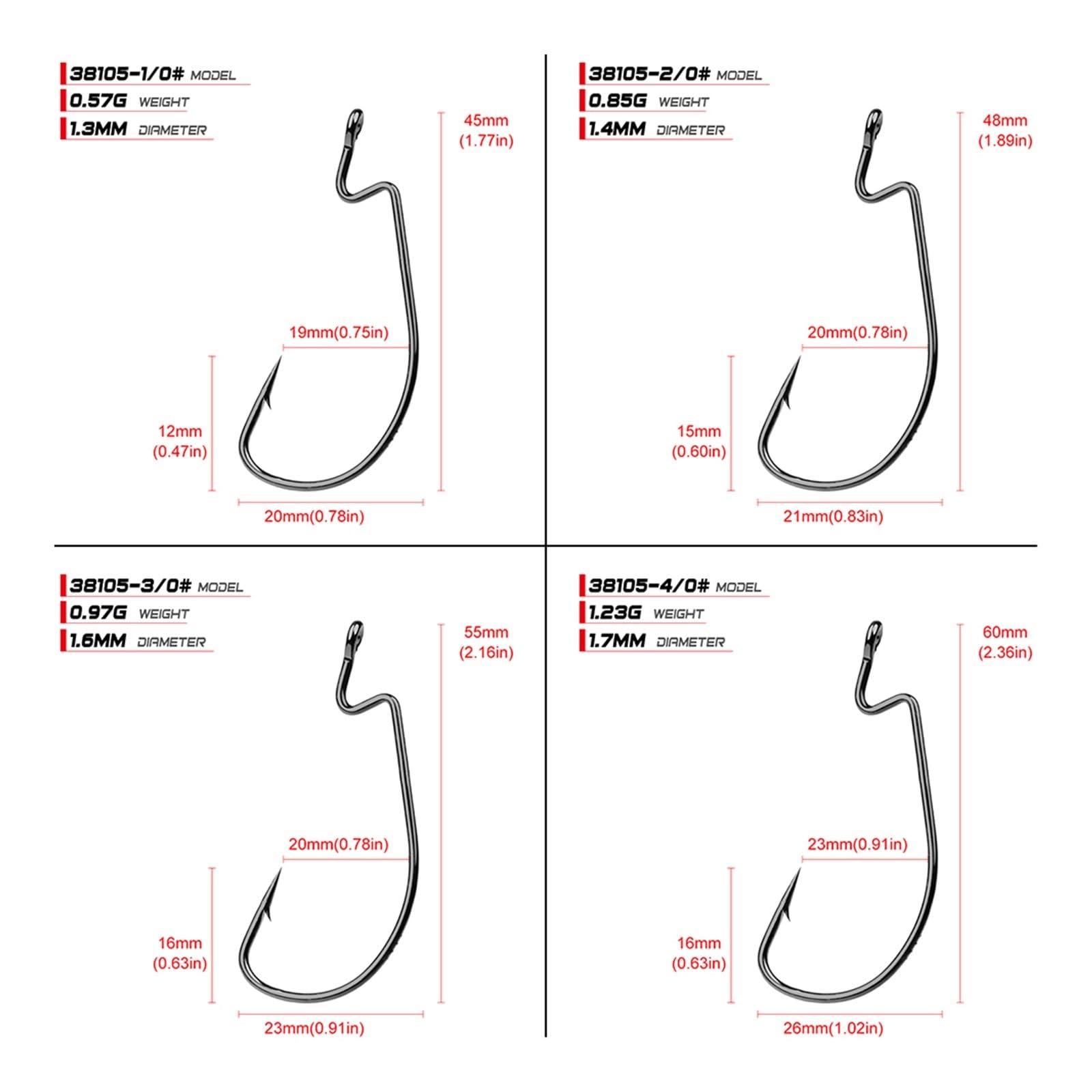 Anzuelo de Pesca 38105, 1/0#, 2/0, 3/0, 4/0 y 5/0, Lote 1000 anzuelos Grandes Color Negro