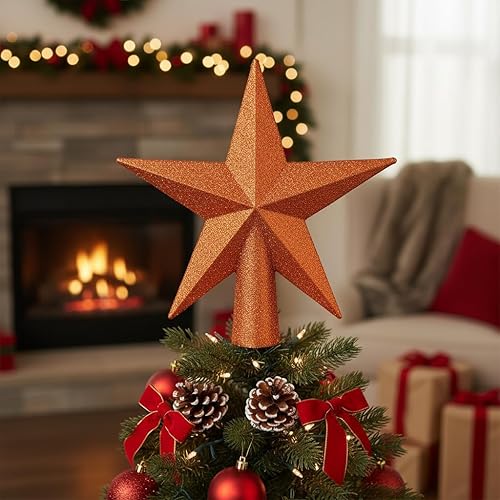 Miniatura 4 de YYCRAFT Decoración navideña para árbol de estrella con purpurina, 8 pulgadas, color naranja