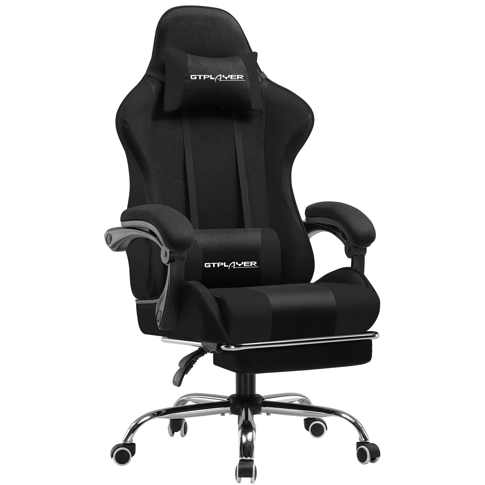 GTPLAYER Sedia da ufficio, da gaming, da gaming, ergonomica, con poggiapiedi, poggiatesta, cuscino lombare, imbottito, sedia girevole in tessuto nero