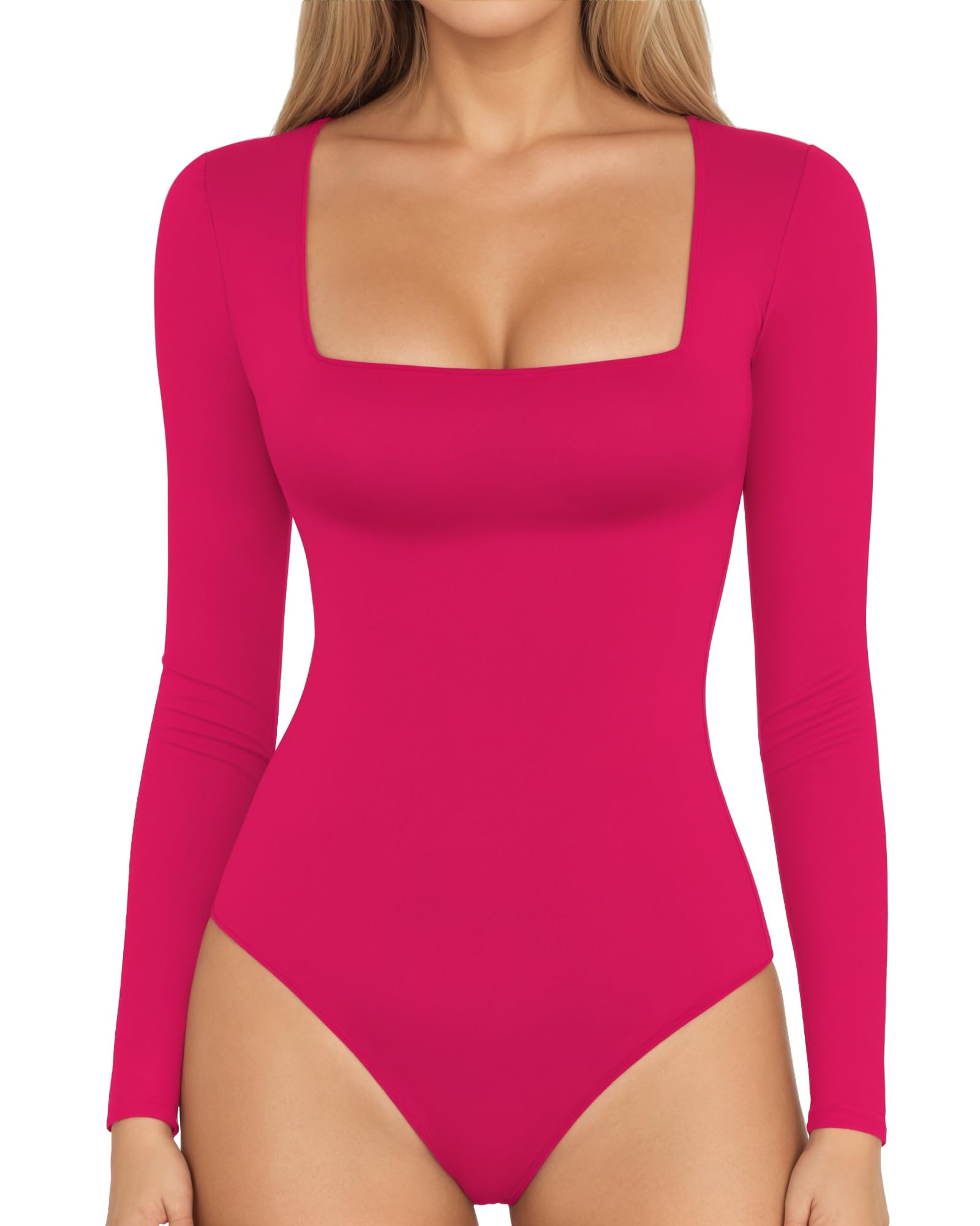 Womens Square Neck Short Sleeve/Long Sleeve Tops Bodysuit Jumpsuit (Rose Pink, Medium)-image-38