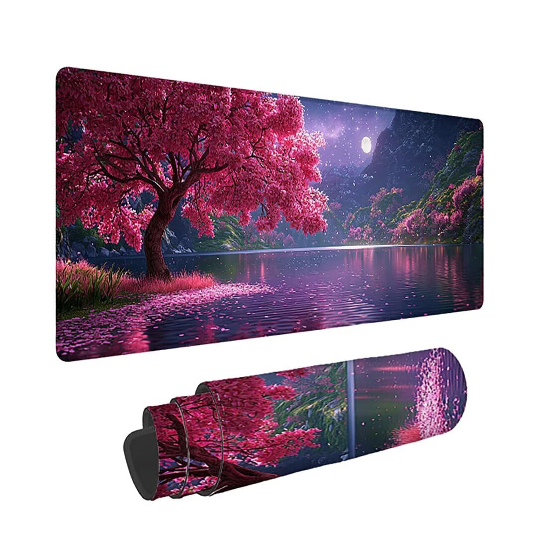 Podkładka pod mysz do gier XXL - 1400x600x3mm - Kwiaty wiśni duża antypoślizgowa podkładka pod klawiaturę biurową z przeszytymi krawędziami, zimowa duża podkładka pod mysz do biura i domu, poprawia