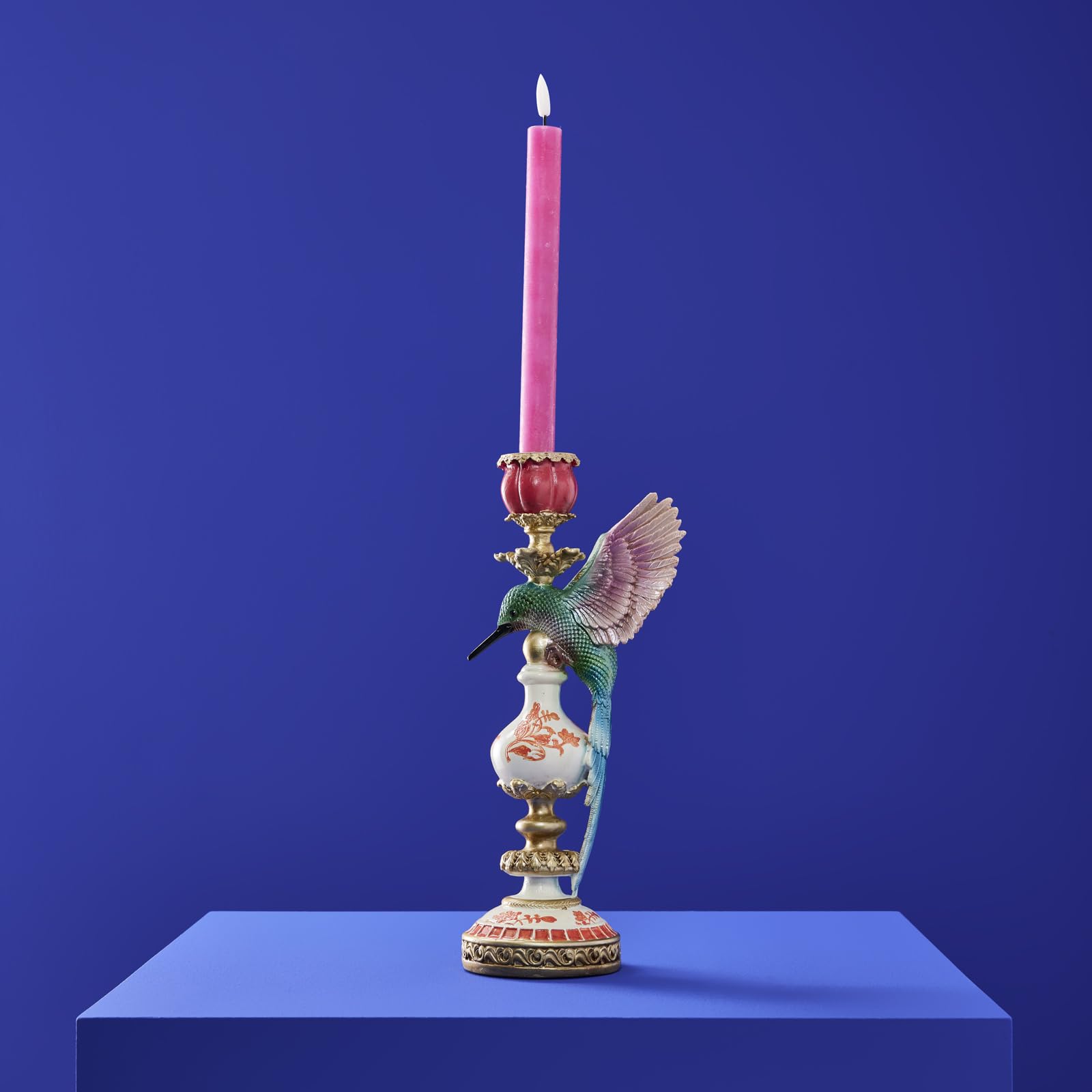 Design Kerzenhalter Kolibri, Mehrfarbig, bunt, Kerzenständer für Stabkerze, handbemalt, 13cm x 14cm x 32cm