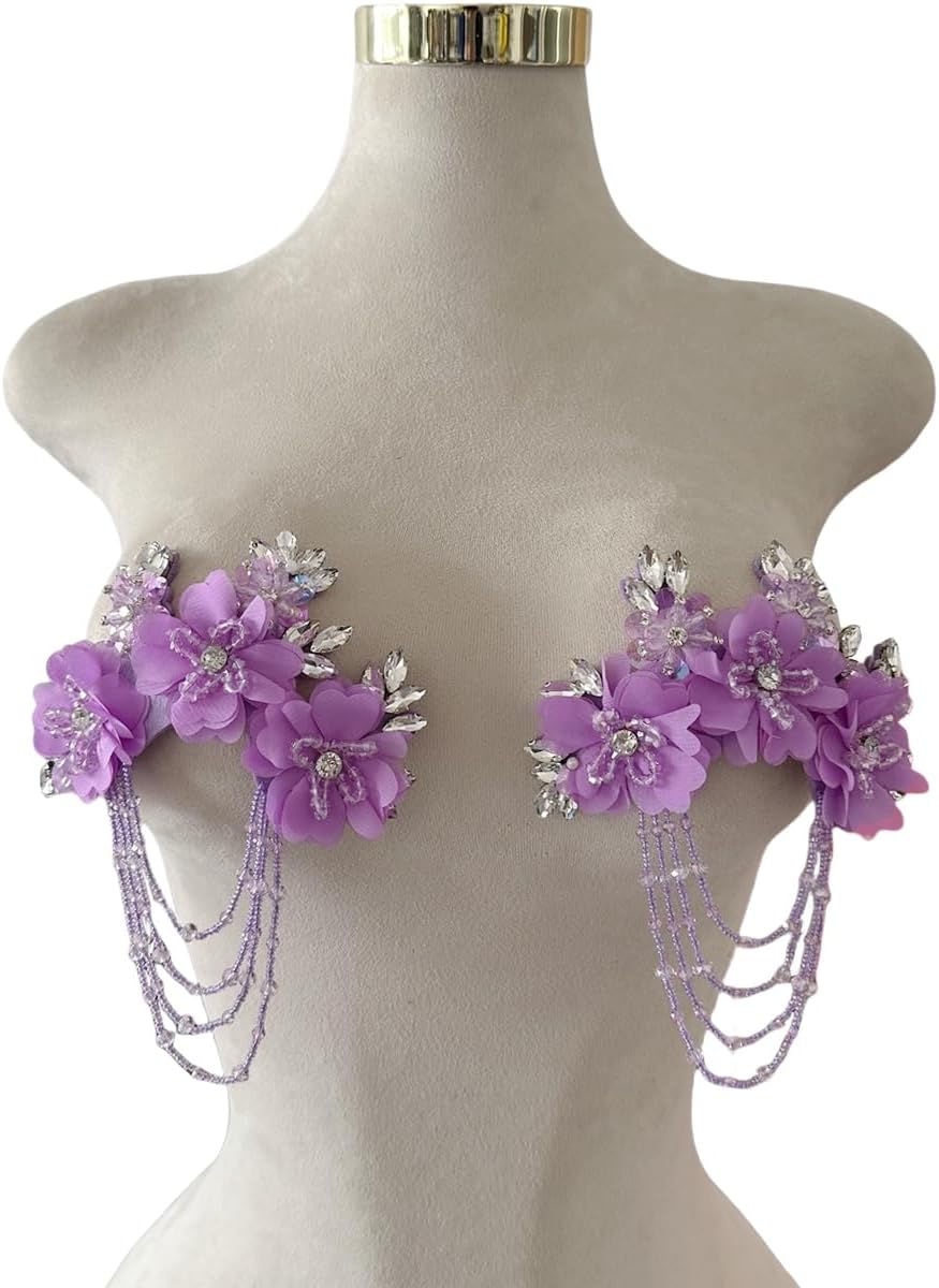 3D Three-Dimensional Flower Rhinestone Applique Sewing Shining Beads Stones Trim Crystal Fringe Patches for Dress Bridal DIY Crafts 2pcs/Set 5.5X6.8inches (Light Purple)
