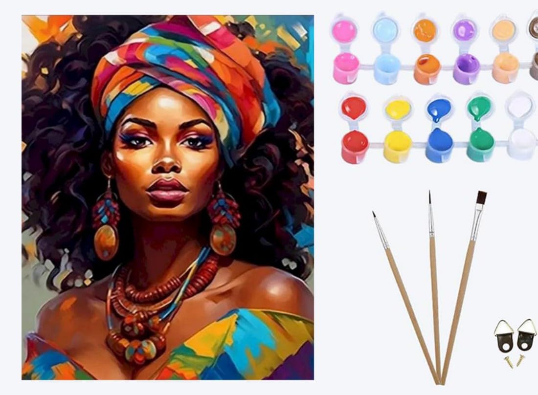XIAOYOUQIAN African Beauty Woman with Colorful Headscarf，Paint by Numbers Kit for Adults, Adults' Paint-by-Number Kits, Oil Painting for Wall Art ，20x16inch，with Frame