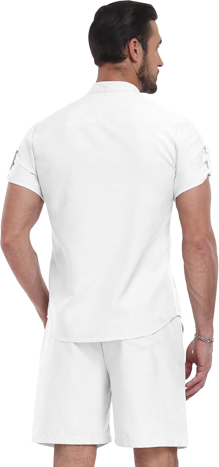 YTD Men's 2 Pieces Set Short Sleeve Henley Shirts and Shorts Texture Summer Beach Vacation Outfits - Image 3