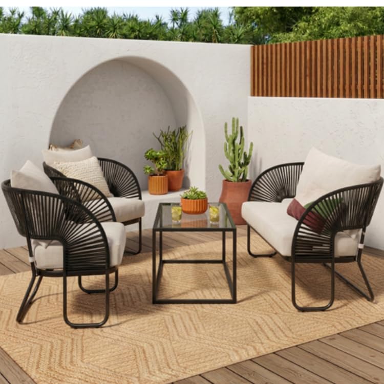 4-Piece Outdoor Patio Conversation Set with Glass Coffee Table, Black Rope Wicker Chairs, White Cushions-image-37