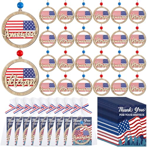 Geelin 24 Sets Veteran Christmas Ornaments Veterans Day Gifts Bulk White Blue Red Wood Hanging Military Ornaments with Thank You for Your Gifts Service Card for Xmas Tree Decor(Round)