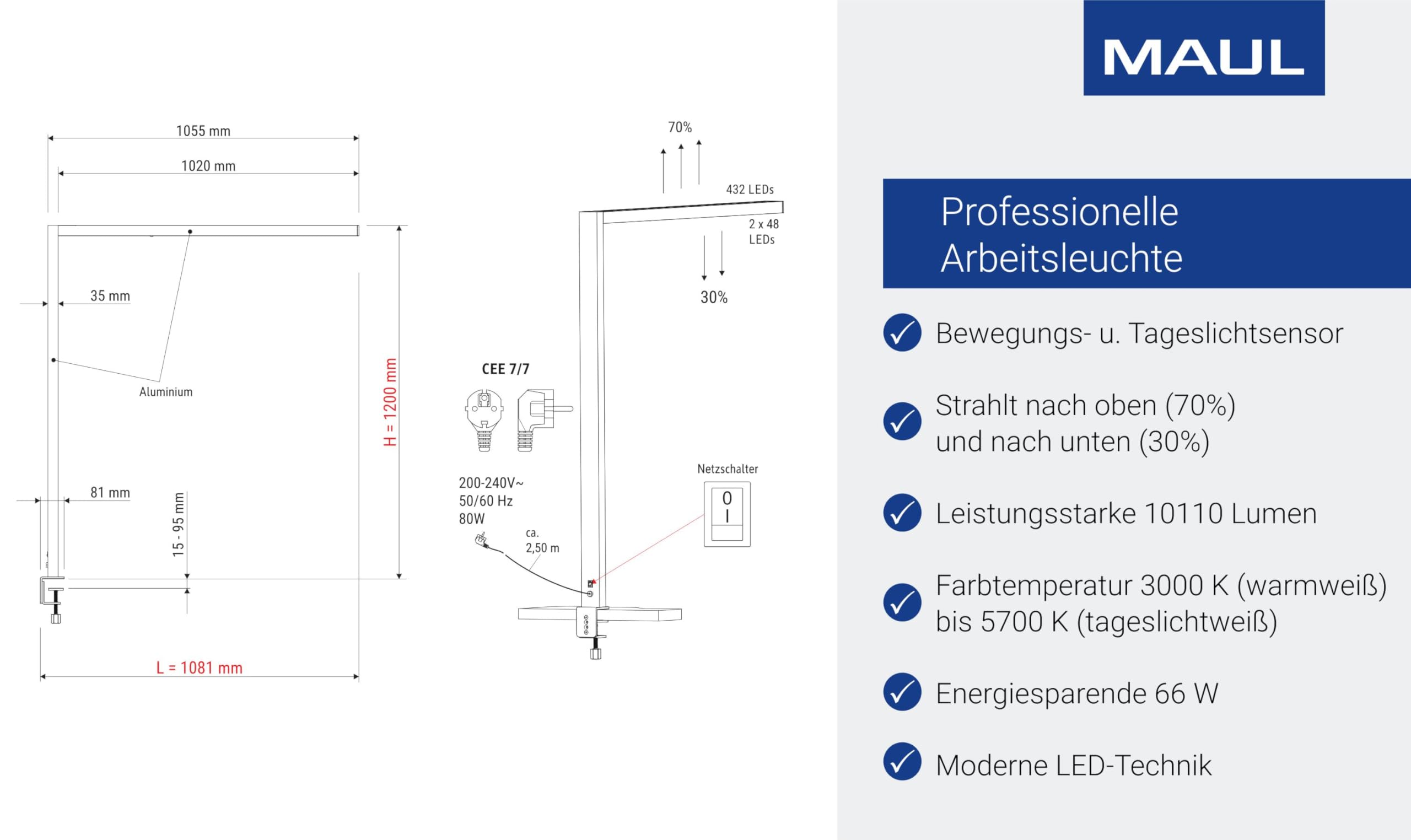MAUL LED Schreibtischlampe MAULsirius weiß dimmbar mit Klemmfuß 120 cm | stufenlos anpassbares Licht, blendarmes Arbeiten, direkte und indirekte Abstrahlung, platzsparende Tischklemme, Sensorik