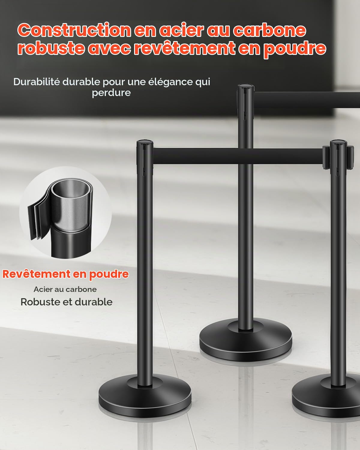 VEVOR Poteau de guidage, 4 pcs, barrière de balisage pour contrôle de foules, avec base creuse, sangle rétractable noire et poteaux noirs en acier au carbone, pour théâtre, fête, mariage, exposition
