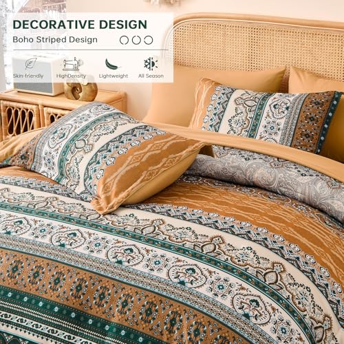 Image of Cottolester Boho Comforter Set Full Size,8 Pieces Brown and Green Bohemian Striped Bed in a Bag,Paisley Soft Microfiber Bedding Comforter Set