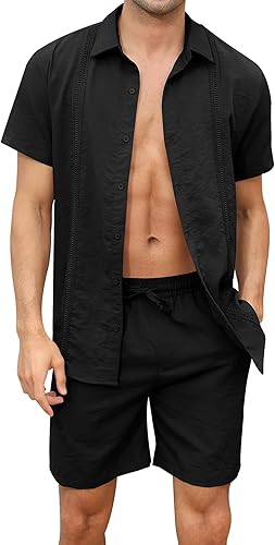 LecGee Conjunto de ropa de lino para hombre con botones y pantalones cortos de guayabera cubana, conjunto de 2 piezas