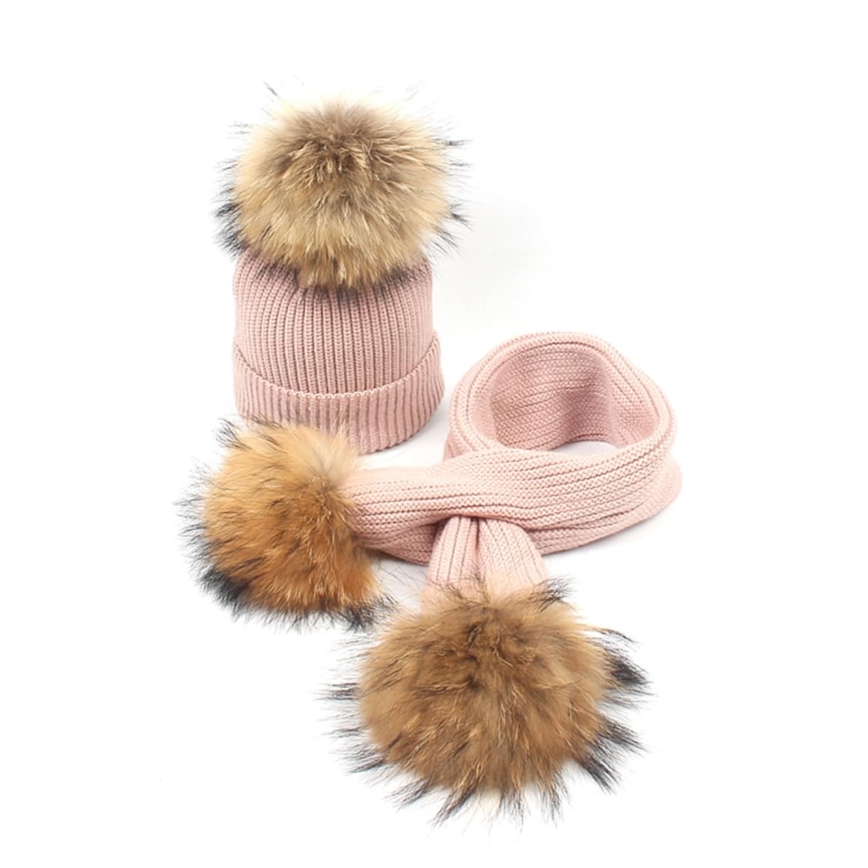 FOMIYES Cappello e Sciarpa in Lana 2pezzi per Ragazzo Ragazza Bambine Autunno Inverno Caldo Set per Ragazzi Ragazze Pompon Color Rosa per Natale Compleanno