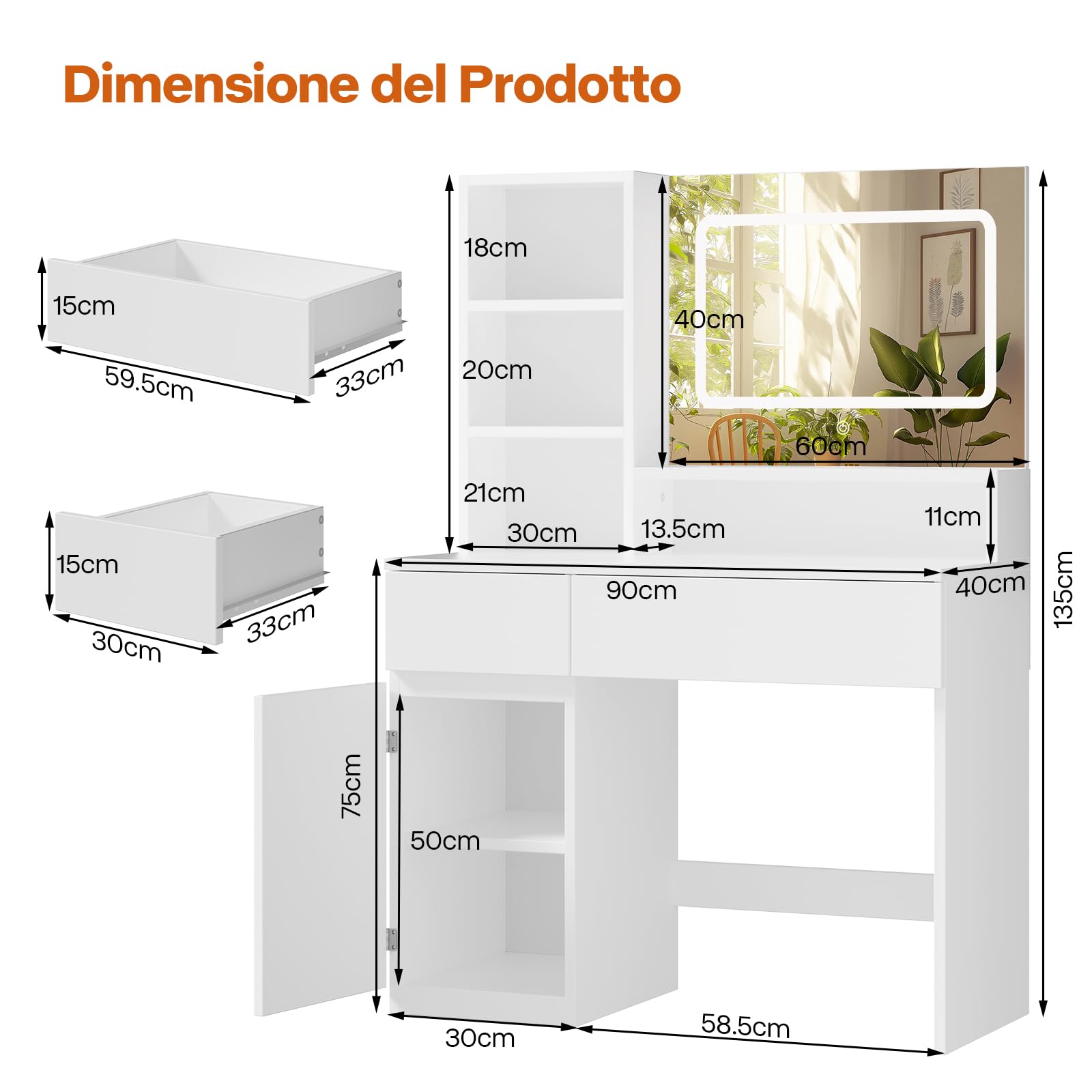 Airfish Toeletta da Trucco con Specchio LED a 3 Colori e Regolazione Luminosità, Postazione Trucco con 2 Cassetti e 1 Armadietto, Robusta e Pratica, Moderna, Tavolo da Letto, Bianco