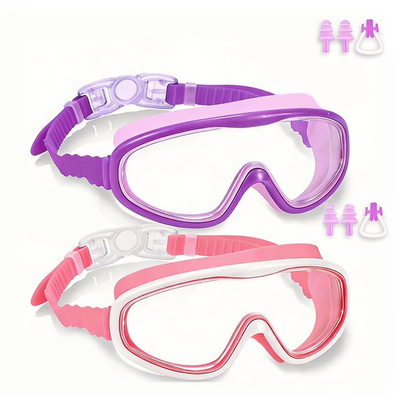 LMFERVER Swim Goggles for Kids Age 3-15, 2 Pack Kids Goggles Childrens Swimming No Leaking Anti-fog Full Protection (Purple+Pink)