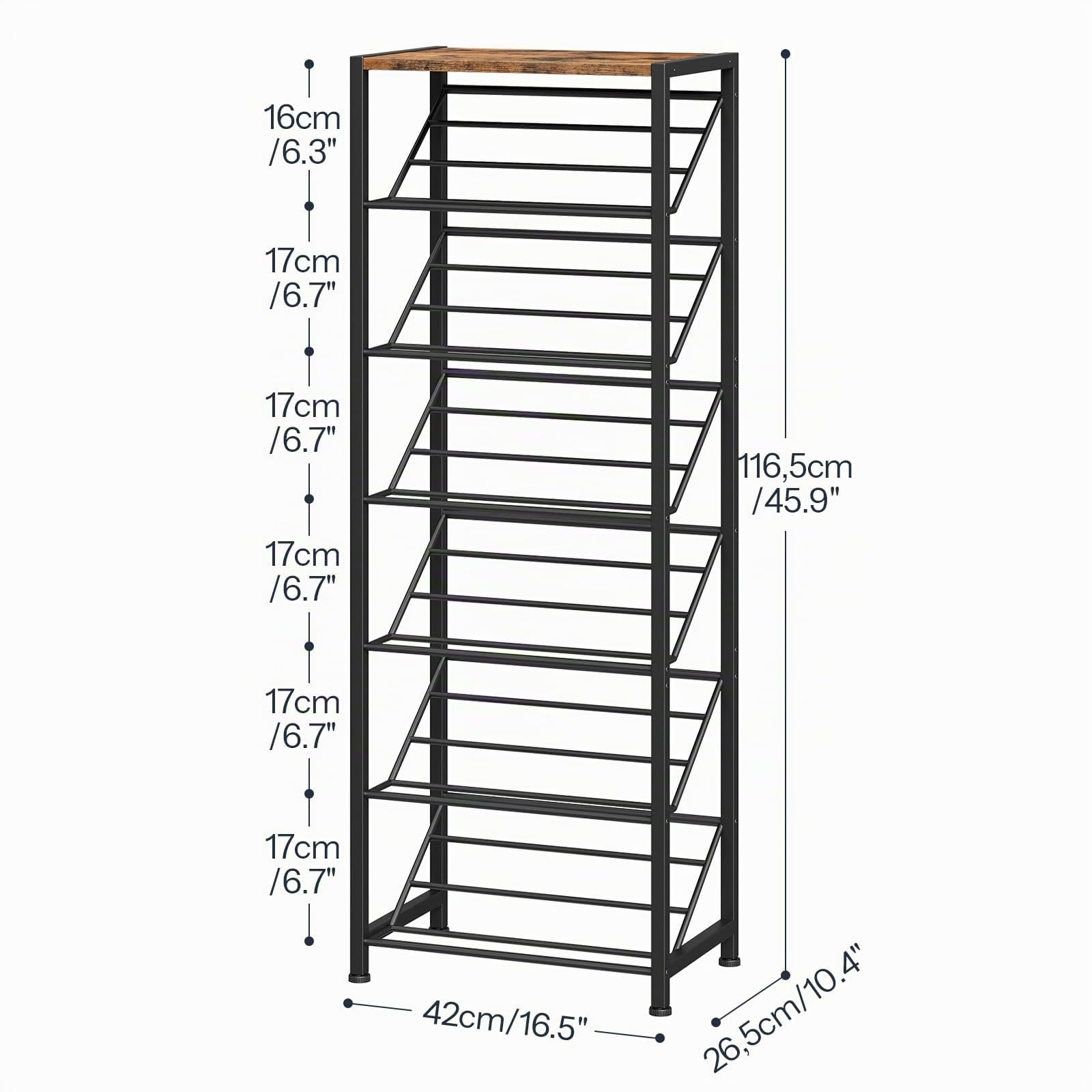 HOOBRO Étagère à Chaussures Rétro Étroite à 7 Niveaux, Étagère de Rangement Métallique de Style Industriel, pour Petits Espaces, Couloir, Chambre, Dressing, Marron Rustique et Noir EBF72XJ01