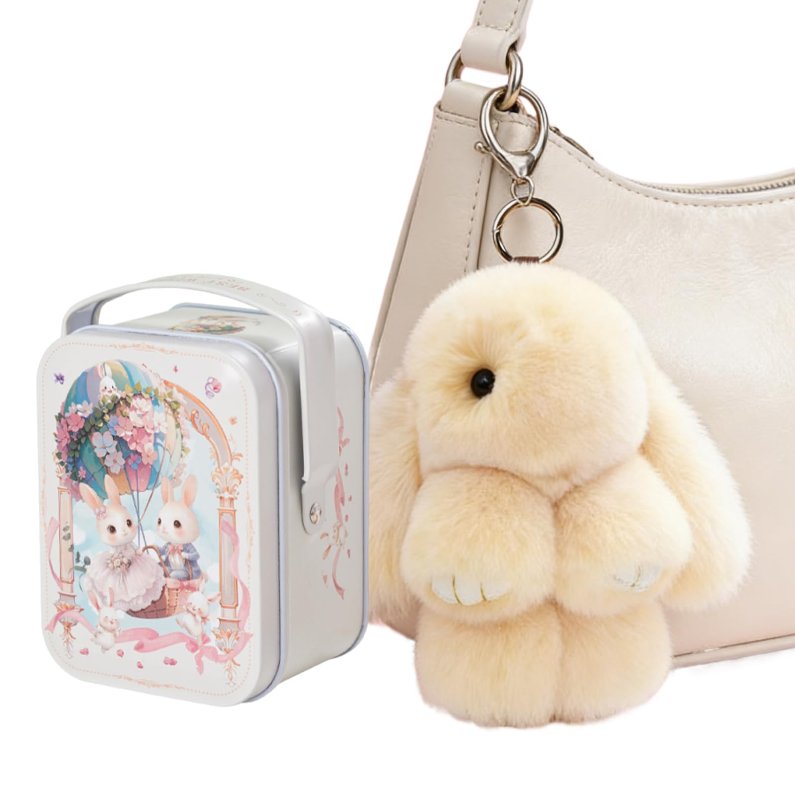Soft Rabbit Keychain with Tin Box, Bunny Soft Plush Pendant, Charming Rabbit Design Handbag Keyring, Cute Plush Key Chain Easter Gift for Backpack Bag Charm