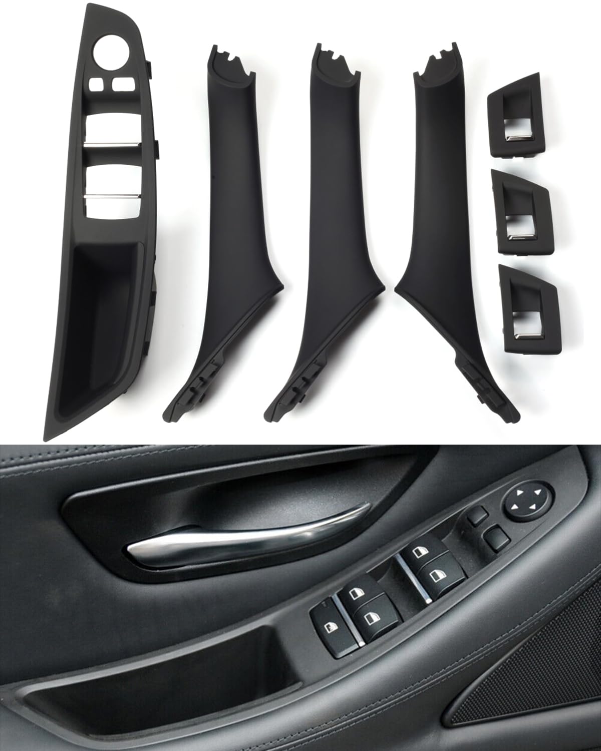 7-teiliges Türgriff-Set für BMW 5er F10 F11 520 530, Fensterschalter-Armlehne auf der Fahrerseite + Beifahrertür-Zuggriff + Fensterschalter-Abdeckungen für 523 525 528 535 (2010–2016)–Schwarz