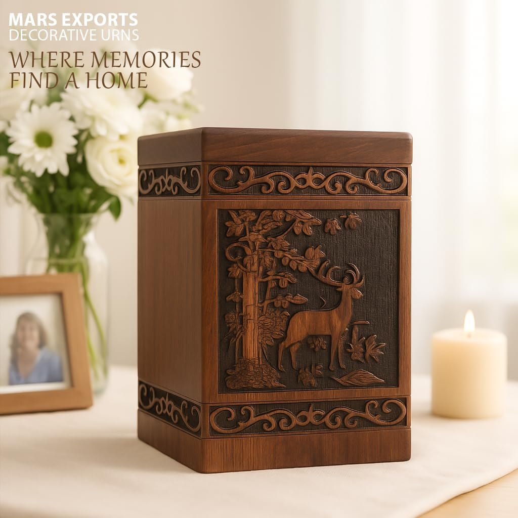 Wooden Cremation Urns Box for Human Ashes, Memorial Keepsake Boxes for Adults, Male/Female,Child, Pets Dog Cat Wood Burial Funeral Container (Deer) Urn, Capacity (Large (180 lbs- 82 kg))