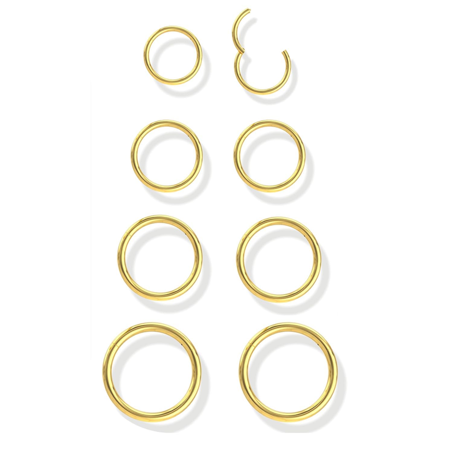 8 Pcs Hypoallergenic Nose Rings Hoops for Women Men - 316L Surgical Stainless Steel Hinged Clicker (6-12MM, 16G/18G) Gold/Silver - Septum Lip Cartilage Helix Daith Conch Piercing Jewelry