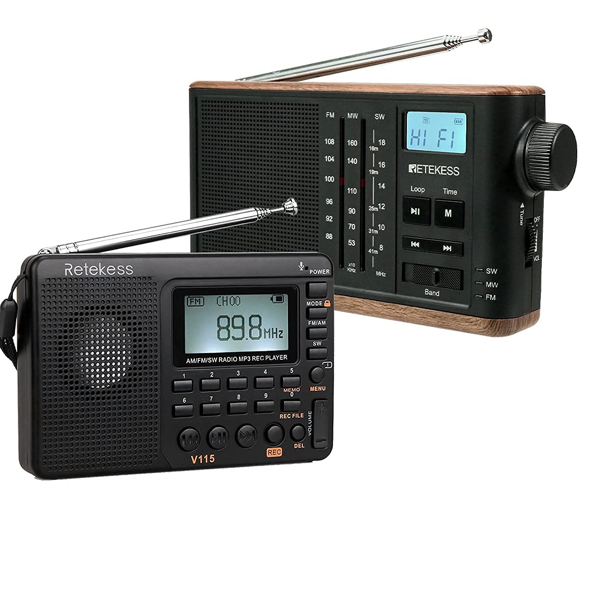 Retekess V115 Shortwave Radio, Portable Radio AM FM with Bass Sound, and TR613 AM FM Shortwave Radio, Portable Tabletop Radio, Retro MP3 Radio (Bundle)