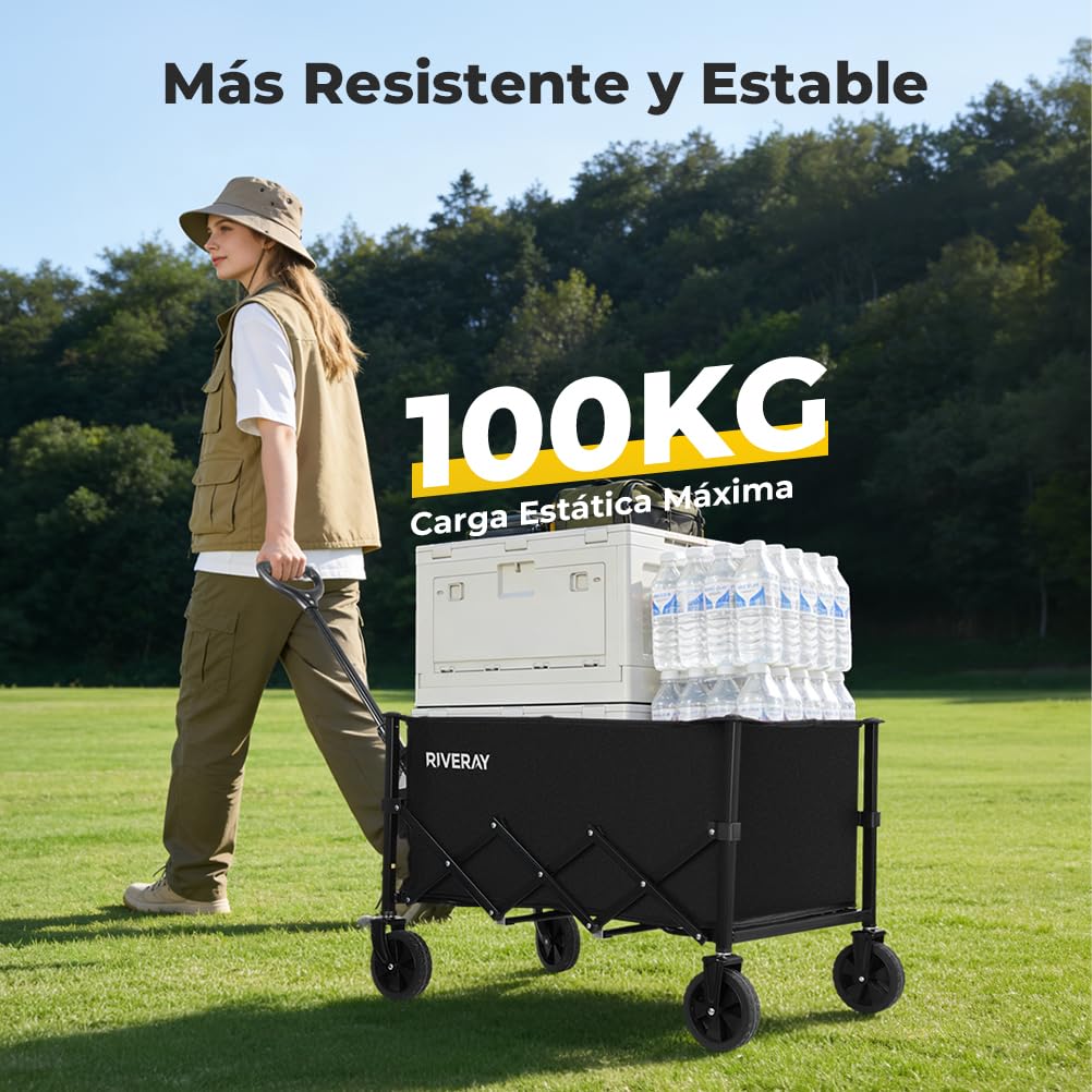 RIVERAY Carro Plegable con Ruedas Grandes, Capacidad 120L/100KG, Mango Ajustable y Ruedas Desmontables, Carrito Plegable Todoterreno para Camping, Jardín o Compra - 4