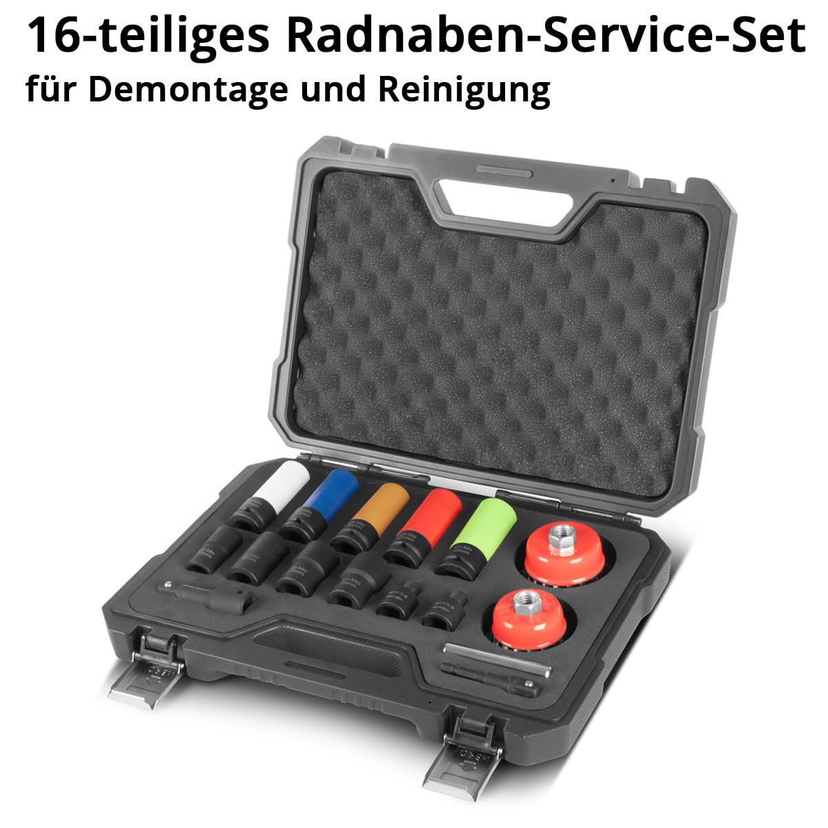 STAHLWERK Radnaben-Service & Felgen-Demontage-Set 16-teilig, 1/2" Antrieb | 5 Schonnüsse für Alufelgen, 4 Ausdrehschlagnüsse 17-22 mm, 2 Topf-Drahtbürsten 65 und 75 mm, Adapter M14 x 2,0