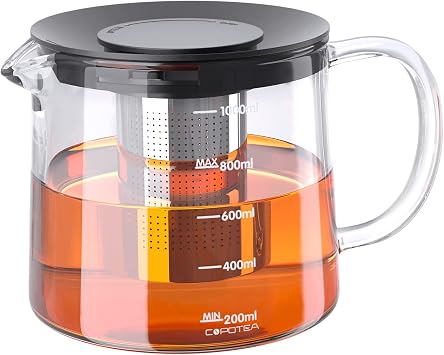 Glass Teapot with Removable Infuser, 1000ml/33oz Stove Safe Tea Kettle for Blooming & Loose Leaf Tea - Premium Gift Box