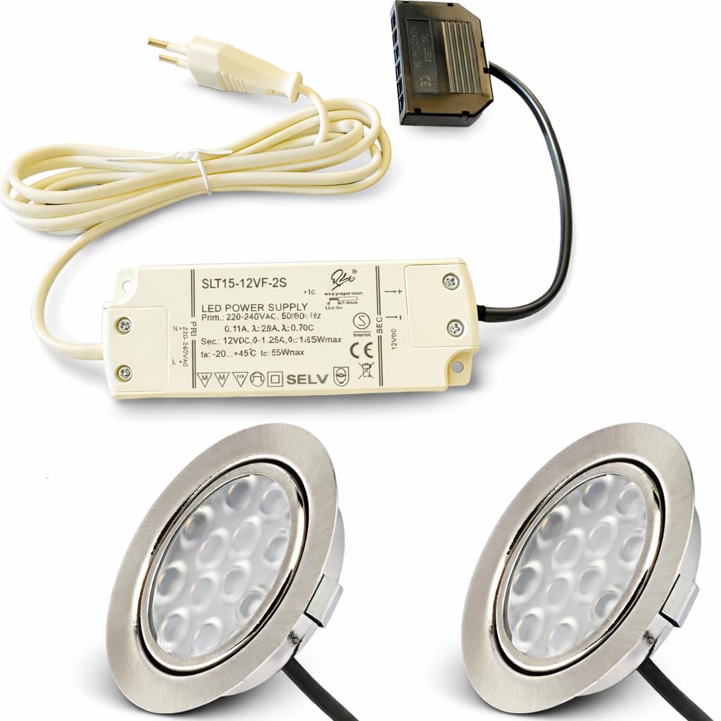 Rolux DF-1021 Einbaustrahler 2er Set LED Edelstahl gebürstet 15mm flach 3W warmweiß 3200K 200lm Bohrloch Ø 55-60mm 12V inkl. 15W LED Trafo 230V Verteiler und Eurostecker sowie 1,8m Kabel je Leuchte
