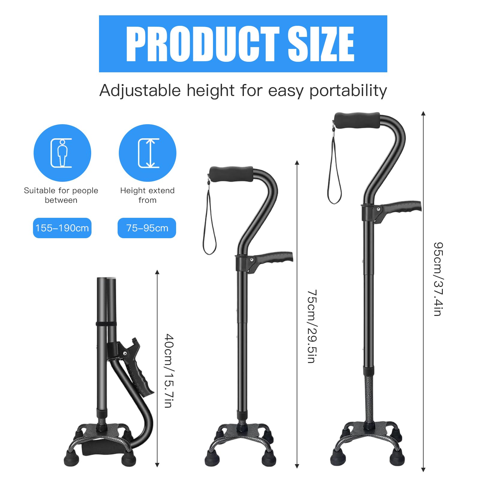 Bastone Pieghevole con Base a 4 Rebbi e Doppia Impugnatura - Aiuto alla Deambulazione Regolabile e Leggero per Donna/Uomo - Bastone Quad Stabile per Anziani e Adulti - Impugnatura Morbida Ergonomica