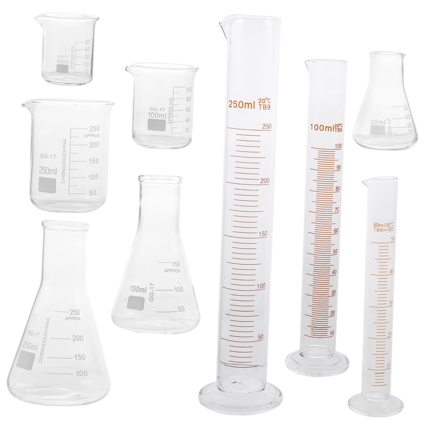 Alipis Strumenti Scientifici e Pallone Conico e Didattici per Esperimenti Chimici Set 9 Pezzi di Vetro da Laboratorio Becher Graduato, Cilindri Misurini in Vetro Borosilicato