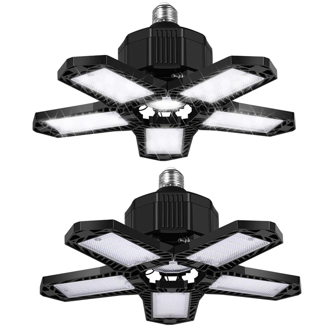 80W Led Garage Light, 8000LM Adjustable Garage Lighting, Deformable Garage Ceiling Lights Shop Light with 5 Panel, 6000K Daylight Fixtures Bulb E26/E27 for Garage,Workshop,Warehouse,Barn Black (2PC)