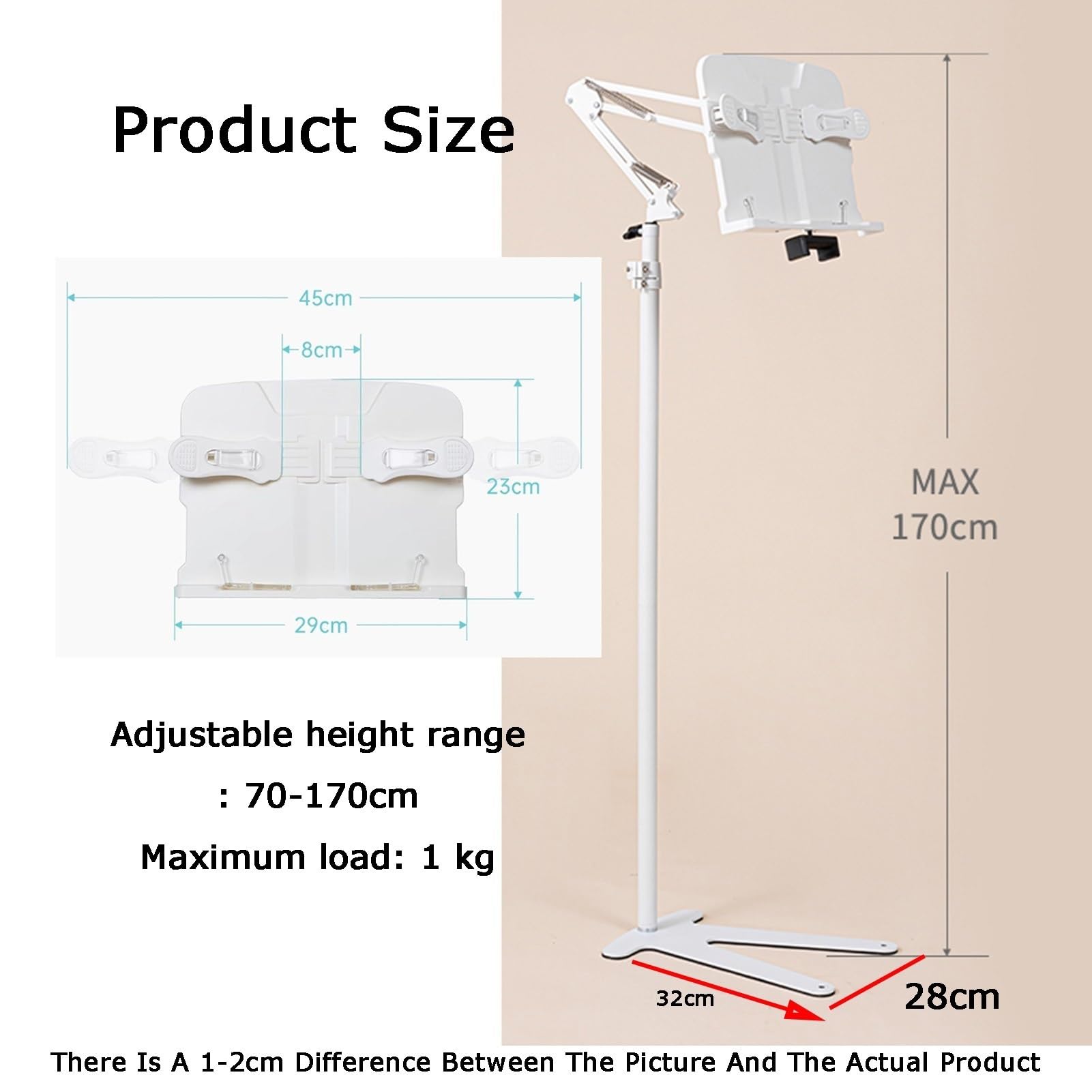 Genérico Atril De Lectura De Pie, Base Ligera Y Estable En Forma De V, Altura Ajustable De 70 A 170 Cm, For Partituras.