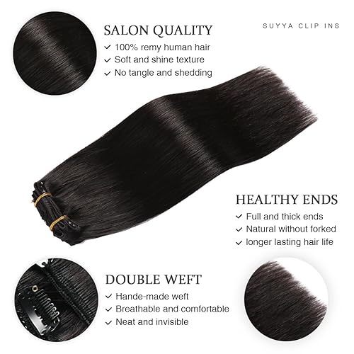 Miniatura 9 de SUYYA Extensiones de cabello humano real con pinzas, 12 pulgadas, 3.53 onzas, 7 piezas de extensiones de cabello humano con clip, color negro