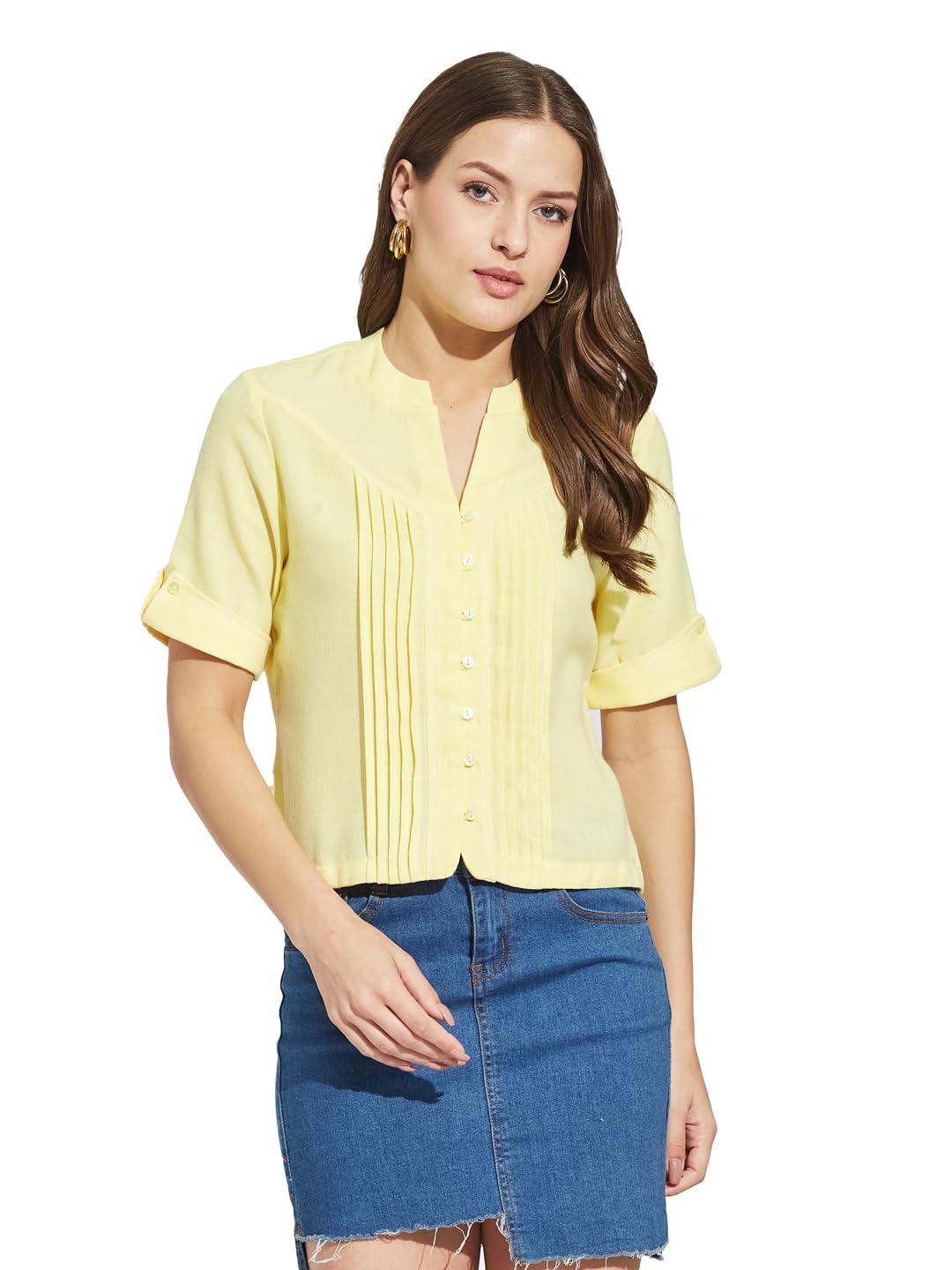 latin quarters Women Yellow Mandarin Half Sleeves Solid Shirt Blouse for Casual Wear-picture-33