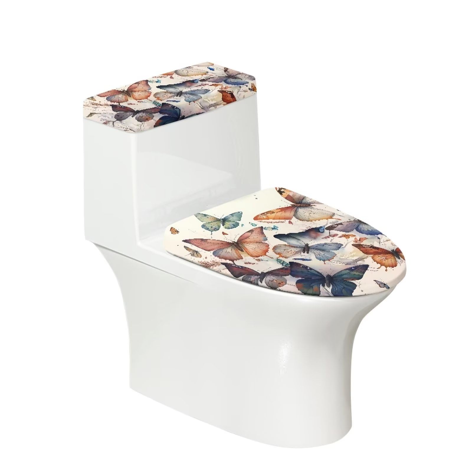 NETILGEN Toilet Tank Lid Cover Replacement with Elastic Bottom Easy to Clean Toilet Covers 2 Pieces Set Universal Fit Toilet Top Cover Bathroom Decoration, Butterfly Beige