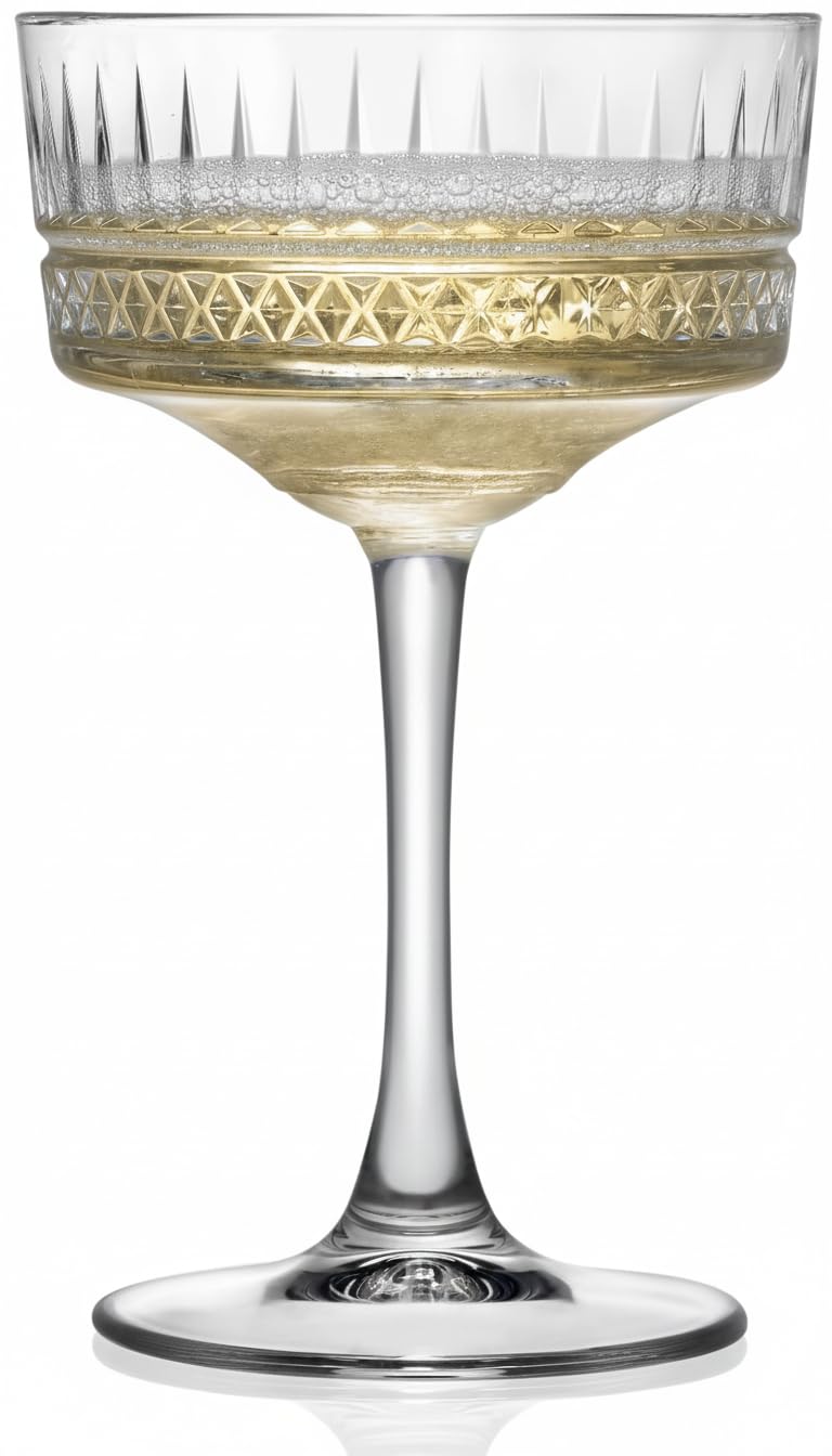 Oceano Set di 4 Calici Champagne e Cocktail in Cristallo Intagliato Coppe Retrò in Stile Vintage da 250ml Ideali per Bollicine, Martini e Dessert Design Elegante per Cerimonie e Feste