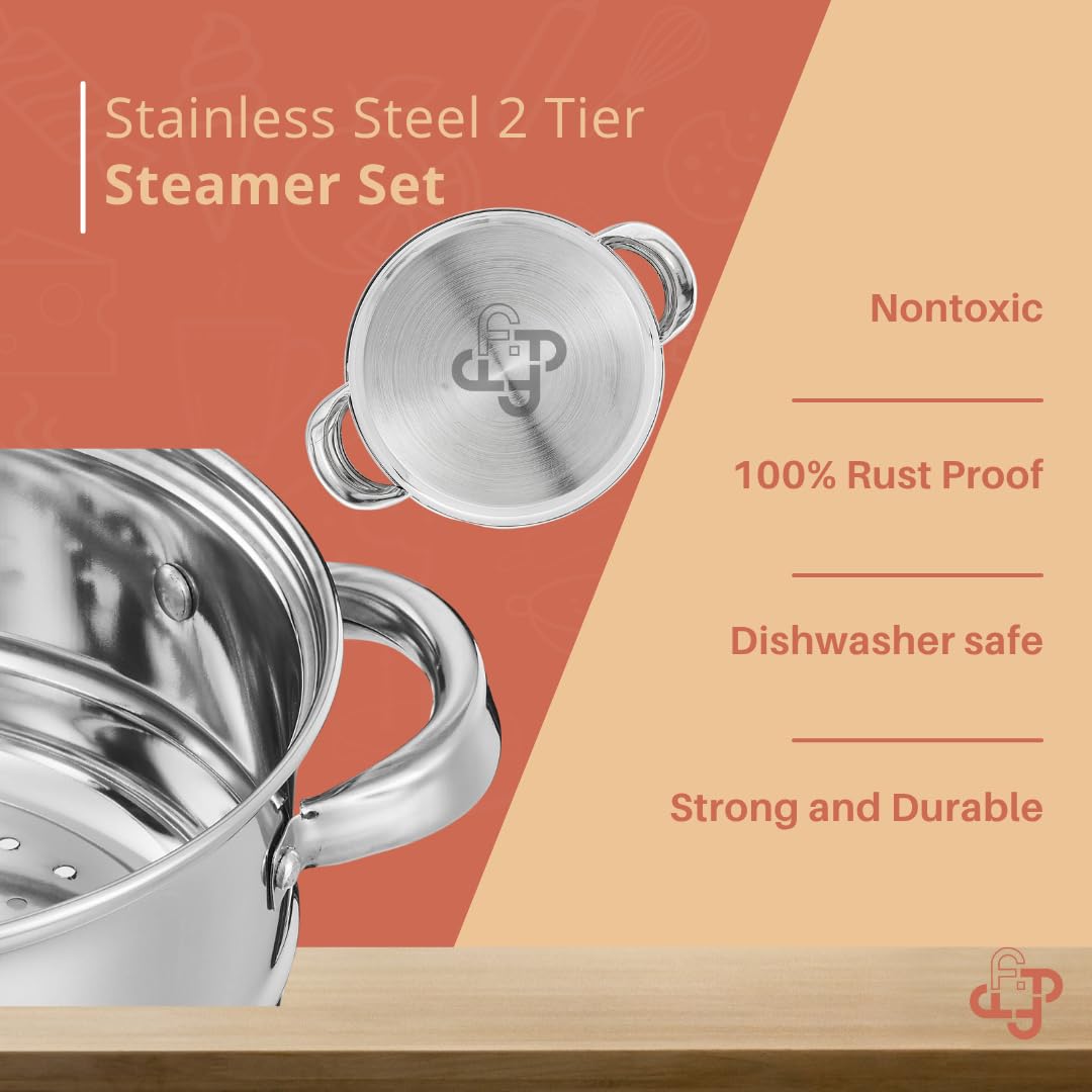 Dampfgarer-Set mit 2 Ebenen aus Edelstahl mit Glasdeckel | Nudeldampfer | Gemüsendampfer | Momo Dampfgarer | Reisdampfer | 20,5 cm (induktionsfreundlich)