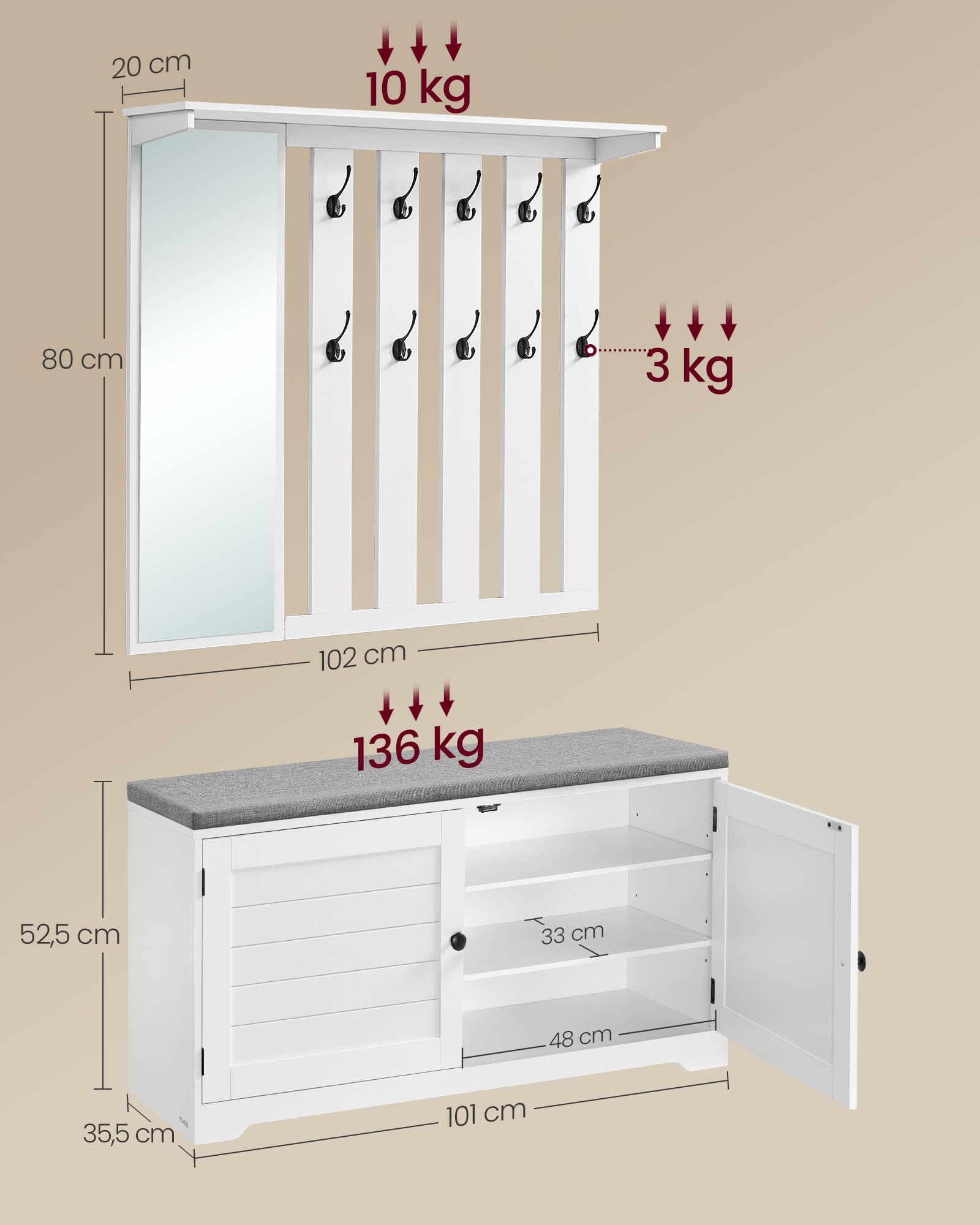 VASAGLE Schuhbank Wandgarderobe Set mit Spiegel, 10 Doppelhaken, Schuhschrank verstellbare Ablagen, Doppeltüren, Sitzbank, Sitzpolster abnehmbar, 101 cm breit, wolkenweiß LSC011W01