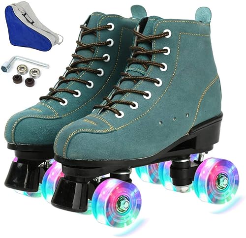 Miniatura 1 de Patines de piel sintética para mujer, con parte superior alta y bolsa de transporte, patines brillantes de cuatro ruedas
