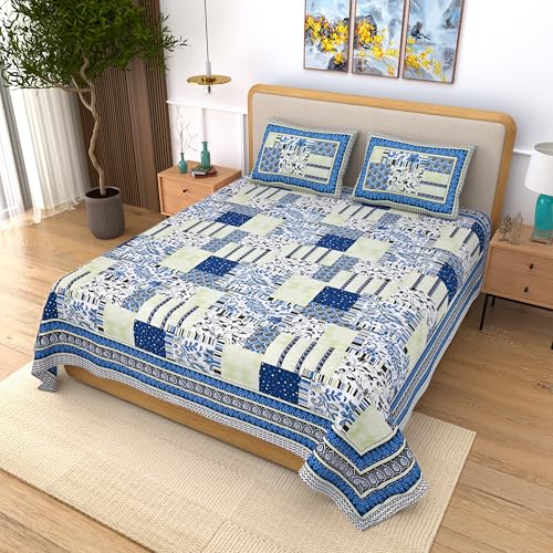Image of India 100% Pure Cotton Jaipuri Printed Double Bedsheet with 2 Pillow Covers | Traditional Sanganeri Floral Design | Soft Breathable Fabric | King Size Bedsheet for Bedroom (Kaya35)