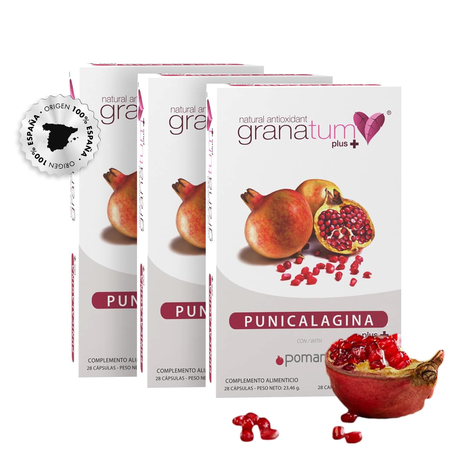Granatum Plus - Punicalagina Plus - Complemento Alimenticio - Extraído de Granadas - Suplemento Antioxidante - Digestión y Metabolismo - Cuidado de Piel - Producido en España (3 Cajas de 28 cápsulas)