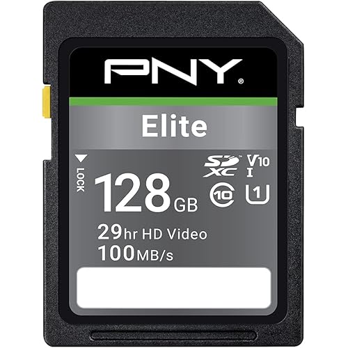 PNY 128GB Elite Class 10 U1 V10 SDXC Flash Memory Card - 100MB/s, Class 10, U1, V10, Full HD, UHS-I, Full Size SD