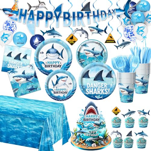 LINHAXM 157 PCS Shark Birthday Party Decorations Includes Plates, Napkins, Cups, Cutlery, Cake Toppers, Banner, Hanging Swirls, Tablecloth, Balloon for Under The Sea Party Decorations