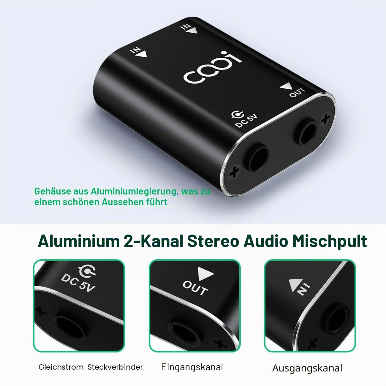 Cooidea 2-Kanal Stereo Audio Mixer - Metallgehäuse, AUX-Schnittstelle unterstützt 2 Eingänge und 1 Ausgang, Mini Mischpult inklusive 1 Meter Audio-Kabel - Für PC, Telefon, Laptop, Kopfhörer